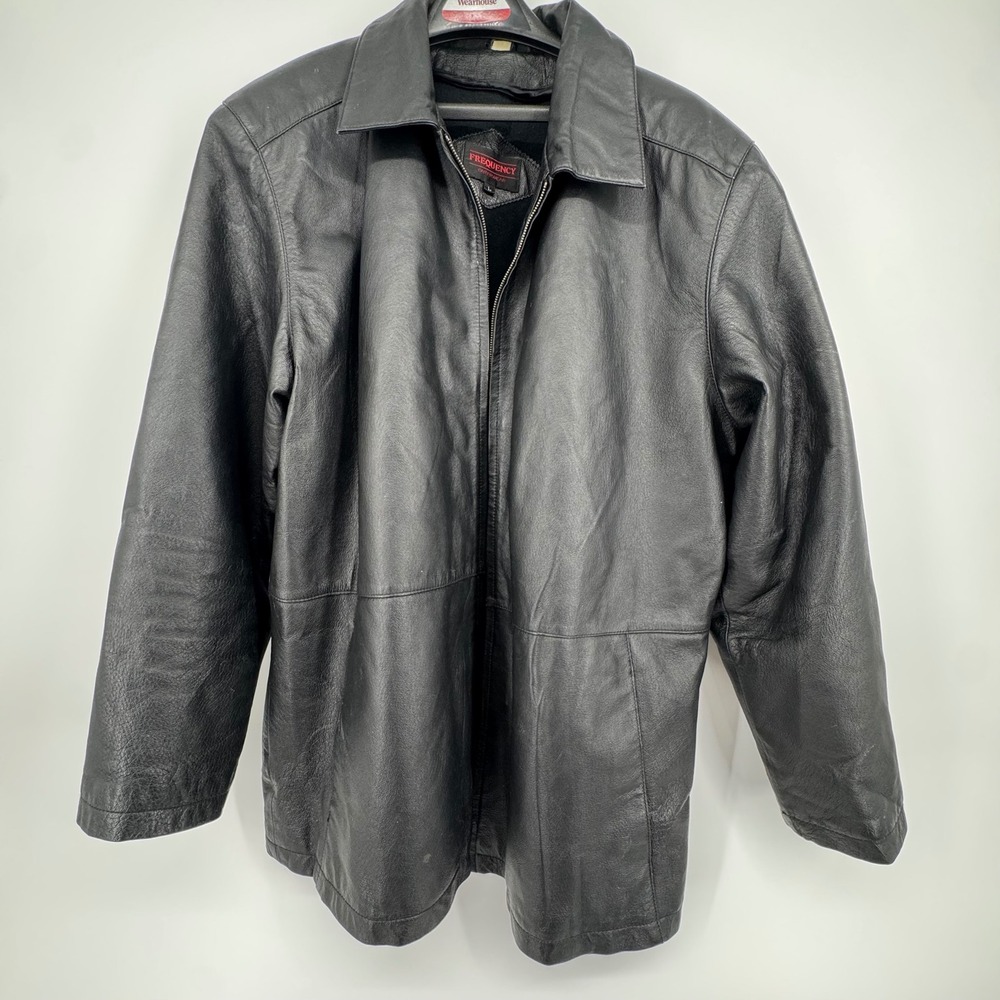 VTG Frequency Outerwear Mens‎ Black L Genuine Leather Zip Up Jacket Coat Style